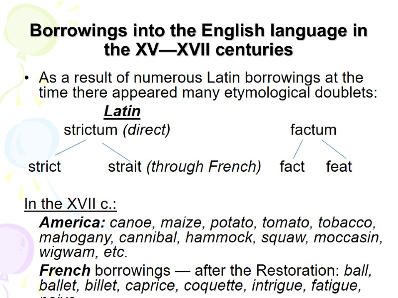 Borrowings into the English language in the XV—XVII centuries As a result of numerous